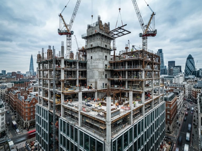 Wide-angle architectural photograph of a London commercial concrete and steel structure mid-build, cool overcast daylight, high contrast, 35mm lens