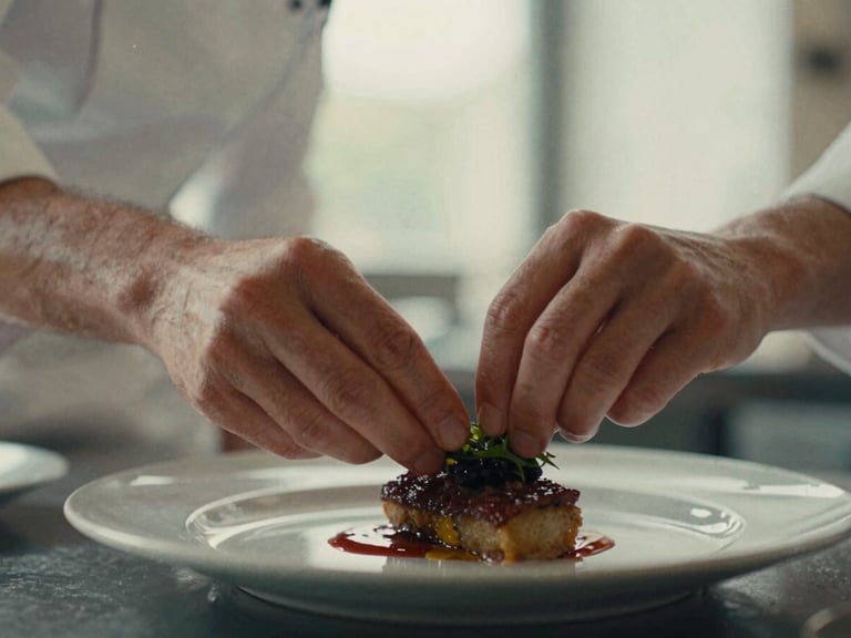 A close-up shot of a chef's hands meticulously garnishing a dish in a warm Scandinavian-style restaurant kitchen, soft natural daylight, shallow depth of field, rich crimson and muted green tones, 35mm film style.