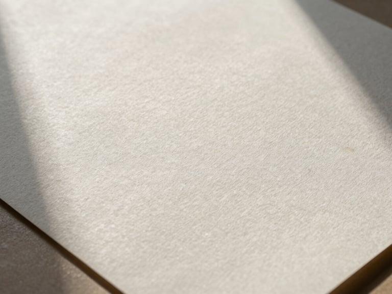 Tactile flat-lay of heavy cotton paper stock with embossed deep navy ink, soft diffused daylight casting long gentle shadows, 90-degree angle.