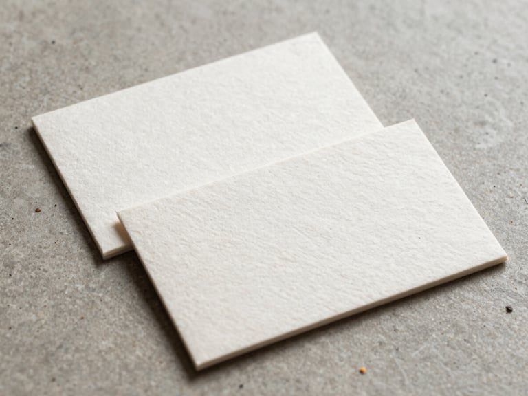 A flat-lay photograph of heavy cotton paper business cards with deep blind debossing, casting soft shadows on a neutral stone surface