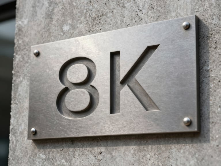 A close-up shot of a physical steel signage plate with crisp engraved typography, mounted on a textured concrete wall under soft daylight