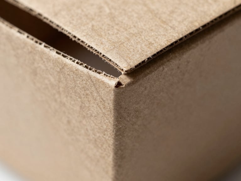 Macro close-up shot of precise paperboard packaging folds and sharp die-cut edges, clean daylight lighting, showing technical accuracy