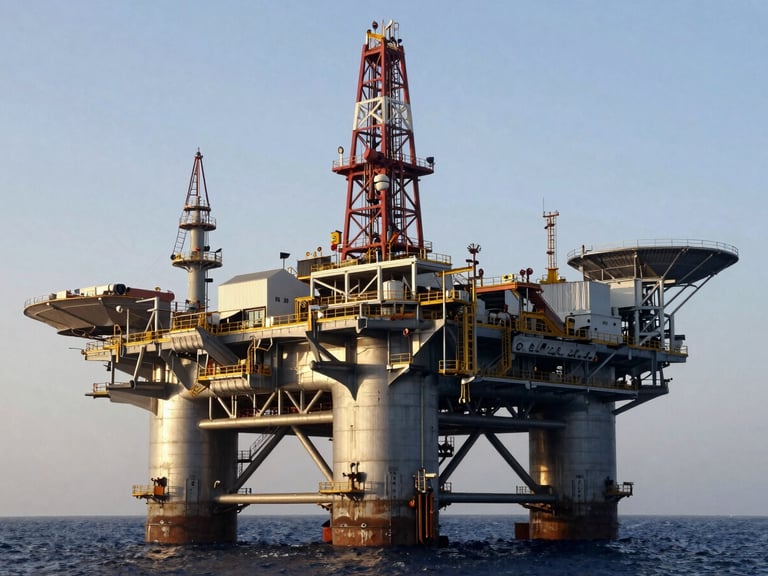 Offshore oil rig platform in the Arabian Gulf at dawn, industrial photography, sharp crisp daylight, cool steel tones.