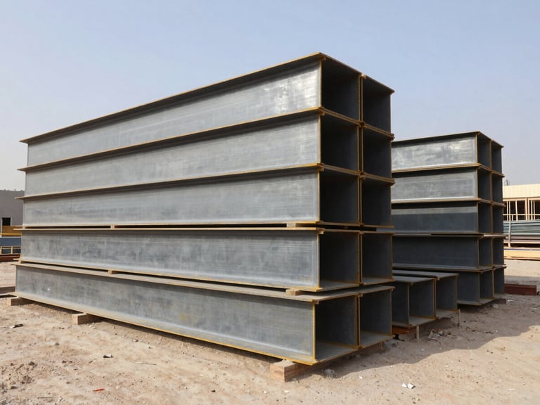 Wide shot of a construction site in Dubai, large structural steel beams stacked, clear daylight, industrial commercial photography.
