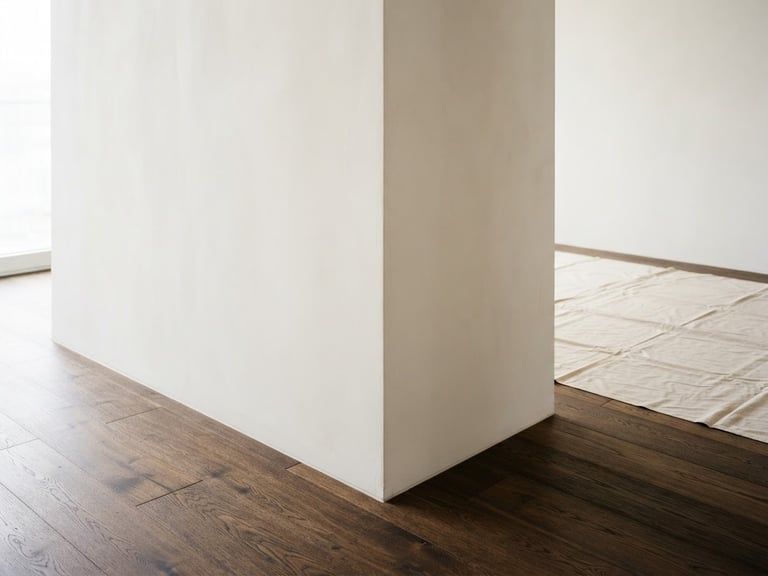 Straight-on architectural detail of a flawless plaster wall corner meeting a dark wooden floor, soft natural side-light, clean drop cloth in the background, 35mm lens