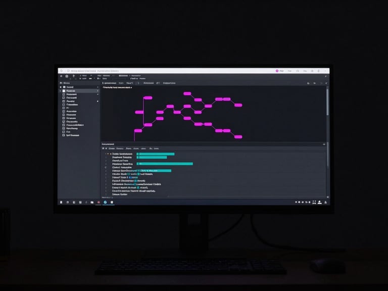Minimalist tech workspace, a wide monitor displaying clean node-based automation workflows, subtle fuchsia glowing lines, moody low-key lighting, 35mm