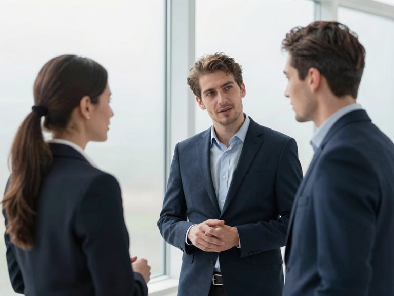 editorial corporate photography, two business partners in discussion next to a large window, soft natural lighting, professional and sober atmosphere, deep navy tones, 35mm