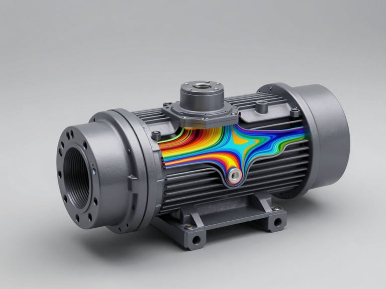 A precise technical 3D CAD render of an industrial pump assembly, showing colorful CFD simulation contours of fluid-flow streamlines, high-contrast neutral studio background