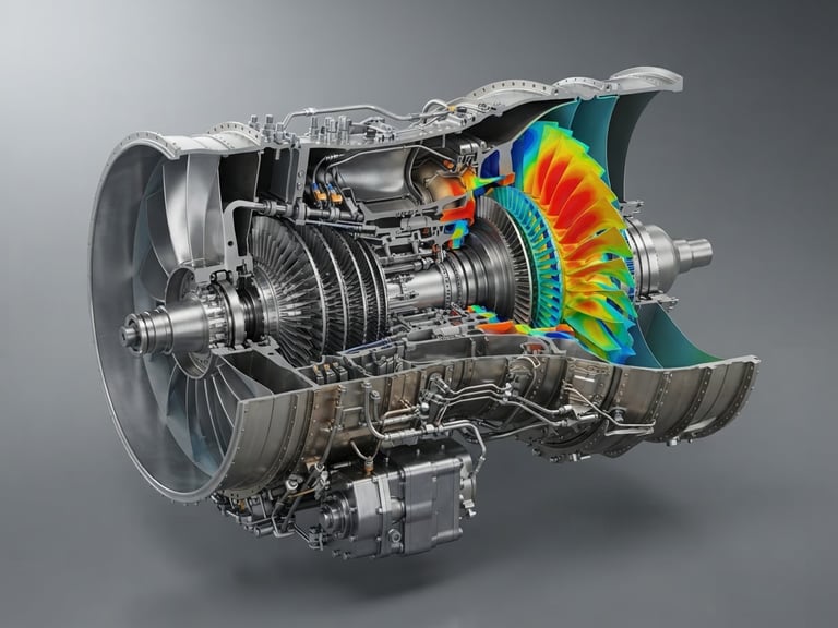 Precise technical 3D CAD render of an aerospace turbine assembly, sharp details, high-contrast neutral studio lighting.