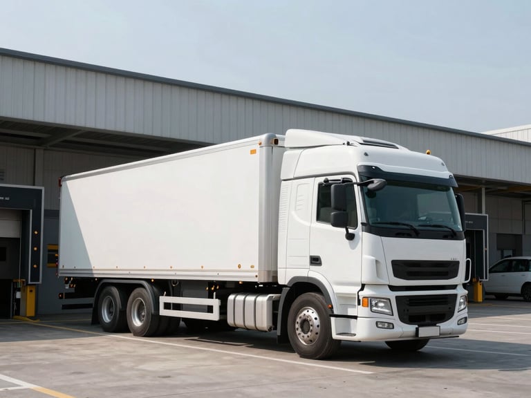 Wide-angle shot of a clean, modern white bulk transport truck parked next to a high-tech loading terminal, sharp lines, bright midday sun, zero atmospheric haze.