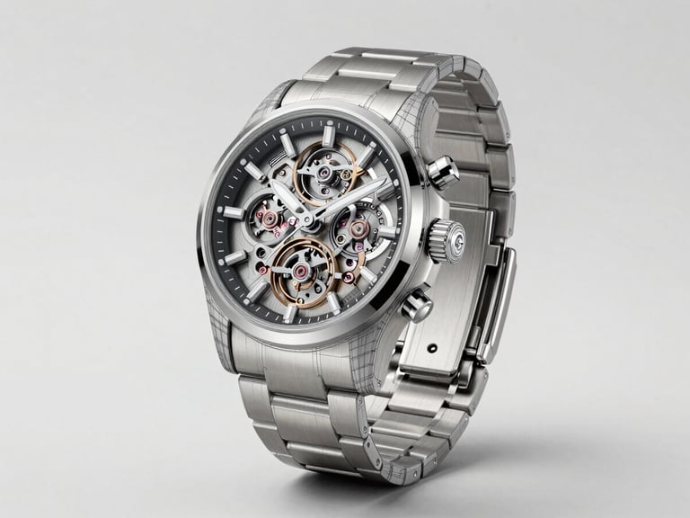 Cinematic studio product photography of a premium mechanical watch, sharp focus, technical wireframe overlay on one half, clean neutral lighting, 8k resolution