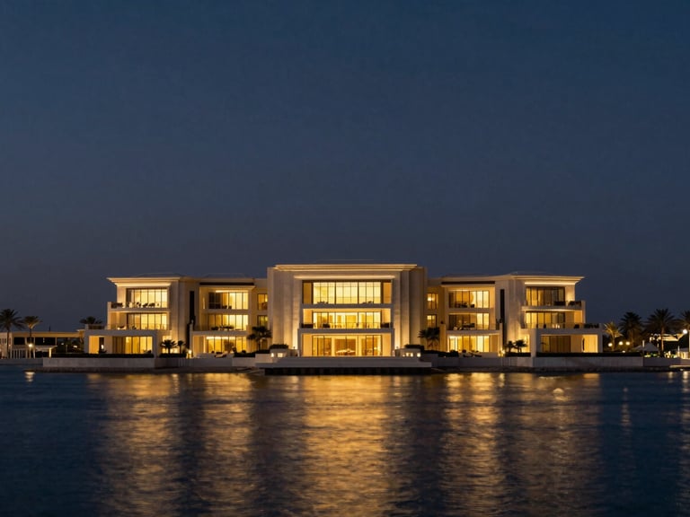 Luxurious architectural photography of a waterfront villa on Palm Jumeirah at dusk, warm gold lights reflecting on calm water, deep navy sky, cinematic wide-angle lens