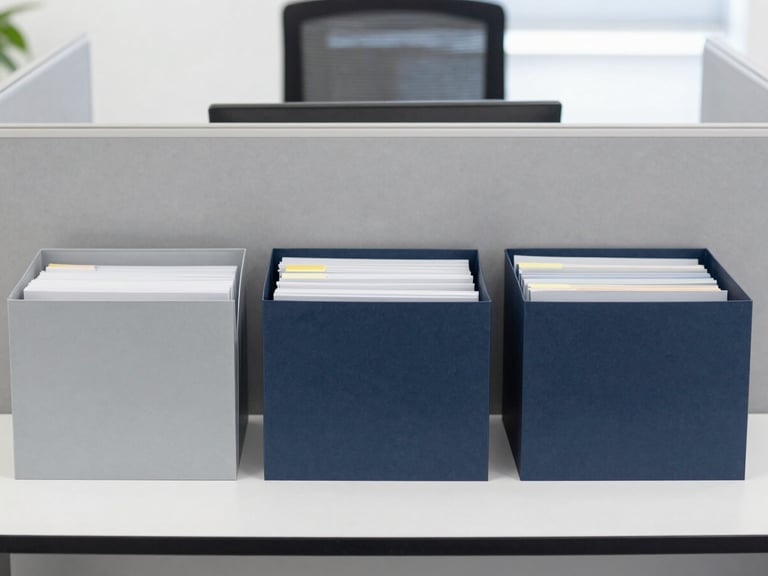 Straight-on architectural shot of a clean, organized office desk with structured document folders, bright neutral daylight, cool slate tones