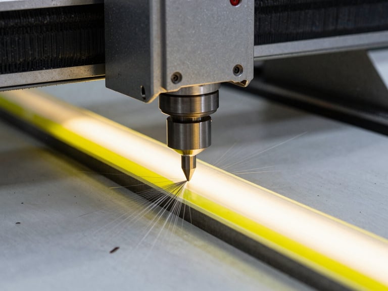 Extreme close-up of a high-speed CNC router bit cutting through thick luminous acrylic, bright safety yellow accents, dramatic high-contrast workshop lighting, sharp metal shavings.