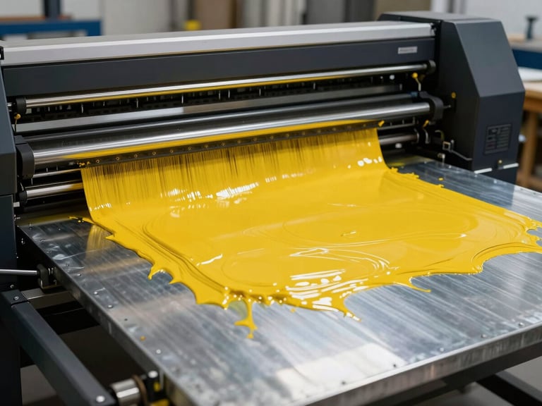 Close-up of a heavy UV flatbed printer in motion, curing vivid yellow ink on a galvanized steel sign plate under high-contrast workshop lighting.