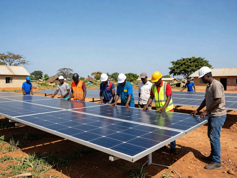 Engineers on-site overseeing the installation of a solar mini-grid in a rural Cameroonian community, clear blue sky, active work.