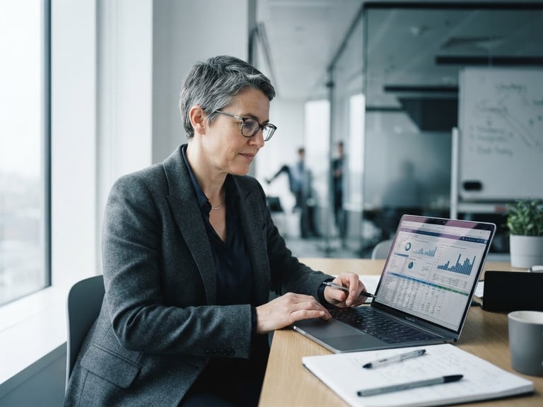 Candid portrait of a senior B2B marketing strategist analyzing data, high-contrast natural daylight, clean minimalist office setting, cool desaturated tones, 35mm lens.