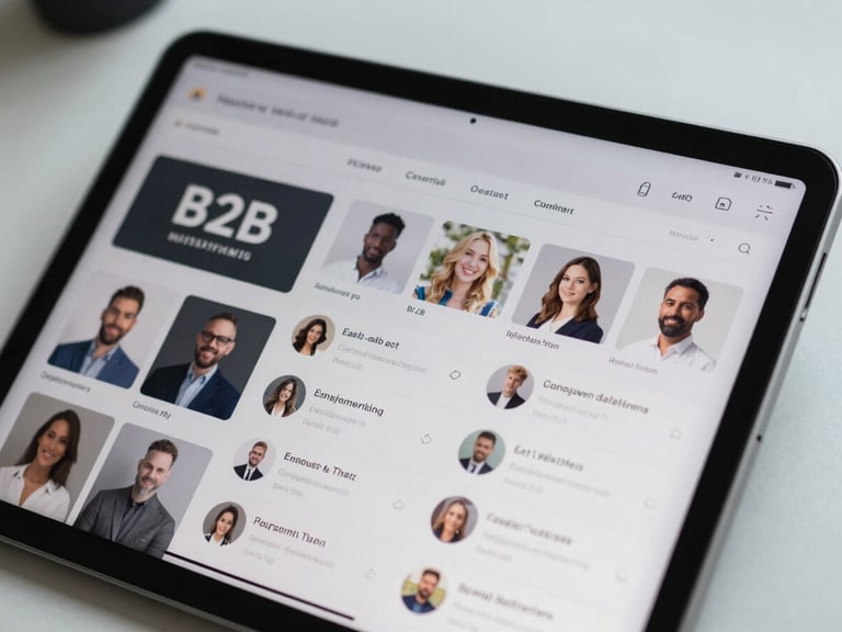 Close-up, high-contrast shot of a tablet screen displaying a professional social media feed with analytics overlays, showing engagement from B2B profiles. Sharp studio light, cool tones.