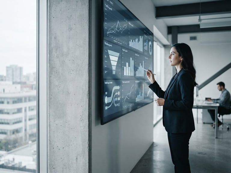 Wide shot of a B2B analytics dashboard showing pipeline growth metrics, sharp editorial photography, high-contrast natural daylight, cool desaturated tones, 35mm lens, subject off-center to the right, generous negative space on the left.