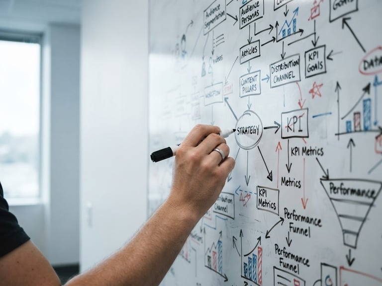 Macro crop of hands sketching a content framework on a whiteboard, with analytical data overlays, sharp editorial photography, high-contrast natural daylight, clean minimalist office setting, cool desaturated tones, 35mm lens.