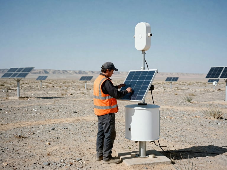 Field technician servicing a remote telemetry station with solar panels in a vast arid landscape, harsh desert sunlight, high-contrast slate and safety-orange tones, sharp focus, 35mm