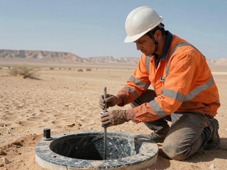 Specialized field technician calibrating a groundwater monitoring well in a harsh desert environment, harsh desert sunlight, high-contrast slate and safety-orange tones, sharp focus, 35mm