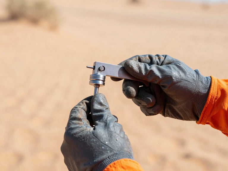 Close-up of hands in work gloves calibrating a hydrological sensor with specialized tools, desert background, harsh desert sunlight, high-contrast slate and safety-orange tones, sharp focus, 35mm