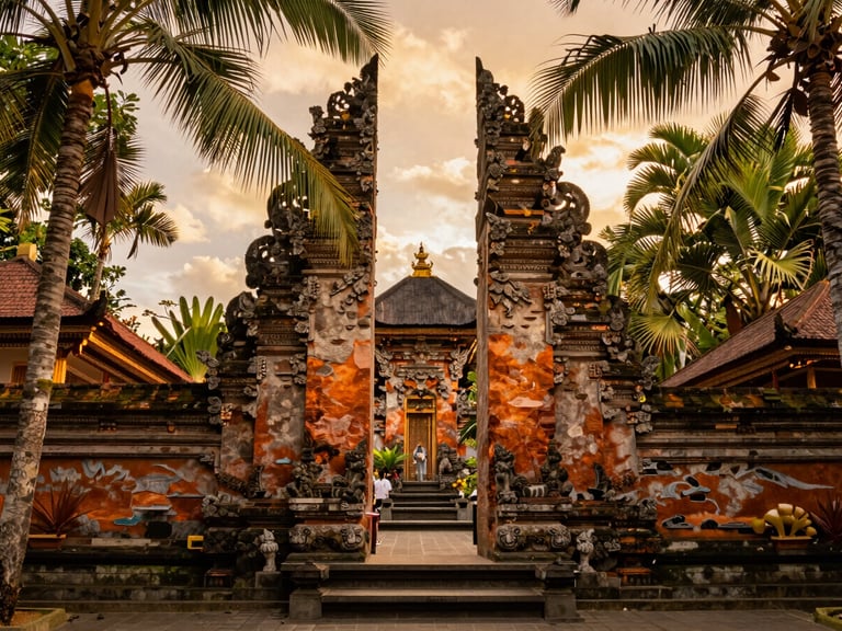 Warm golden-hour shot of a traditional Balinese stone temple gateway framed by tropical palm leaves, rich saturated tones.