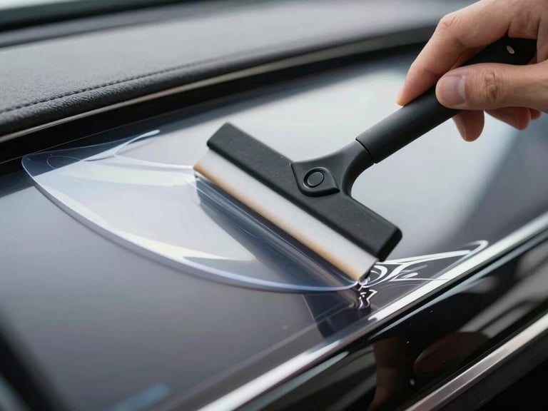 Macro shot of a hand using a squeegee to apply a clear protective film onto a curved digital dashboard screen, sharp linear highlights, pristine reflection.