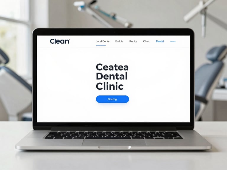 Clean browser mockup of a modern local dental clinic website, showing clear navigation and booking button, bright natural lighting, straight-on composition.