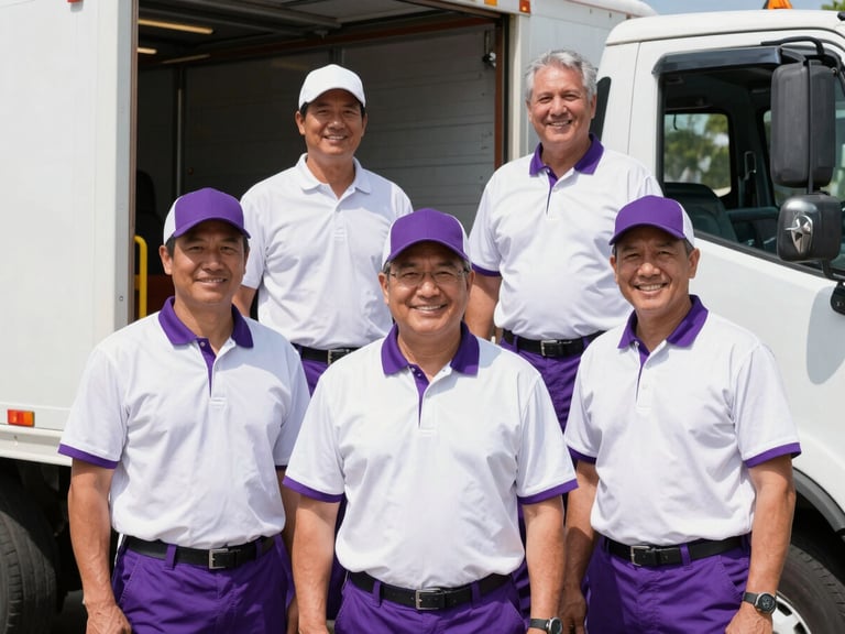 A friendly, professional junk removal team standing together in clean uniforms beside their truck, smiling, bright Florida daylight, sharp focus