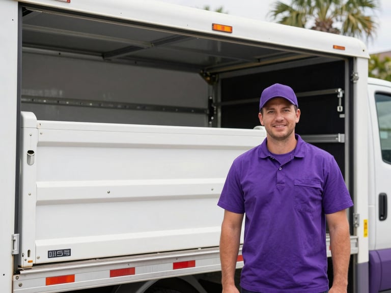 A bright, professional junk removal crew member in a clean purple uniform standing next to a tidy, organized truck bed in Jacksonville, natural daylight, 35mm photography