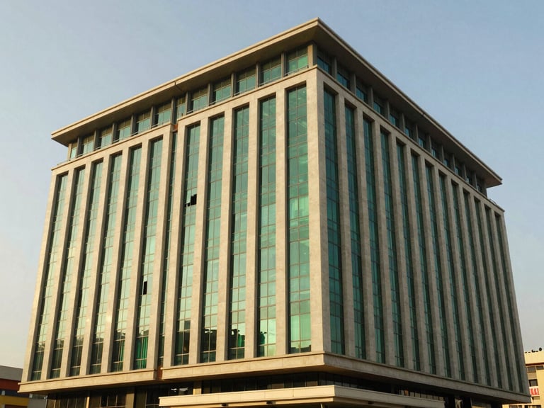 Modern commercial building facade in Mass Media, Lusaka, clean architectural lines, bright daylight