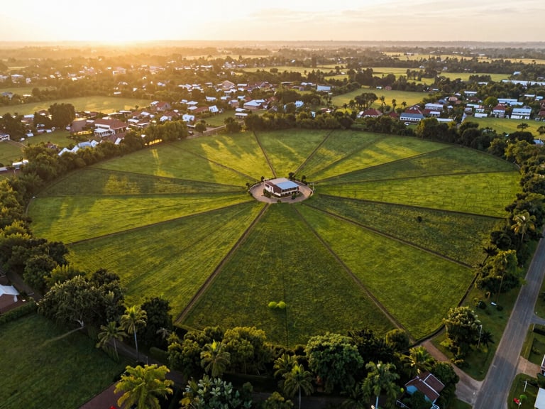 Aerial drone shot of beautifully demarcated premium land plots in New Kasama, lush green surroundings, warm sunset glow