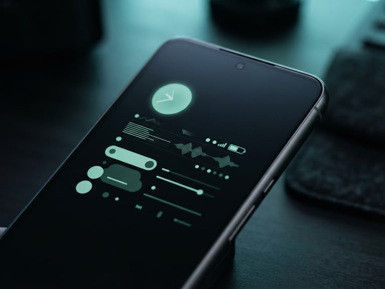 Close-up macro shot of an Android smartphone displaying a clean, dark-mode UI with a subtle mint green accent, low-key studio lighting with cool-toned backlighting, shallow depth of field.