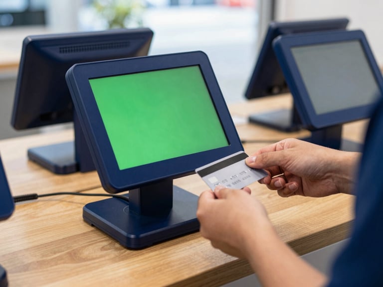 Tight focus on a modern dual-screen POS terminal on a wooden retail counter, natural daylight, hands exchanging a credit card, deep blue accents.