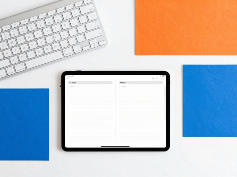 Overhead flat-lay of a clean, highly organized modern workspace with a sleek keyboard, digital planner on a tablet, electric blue and vivid orange color blocks, crisp natural daylight