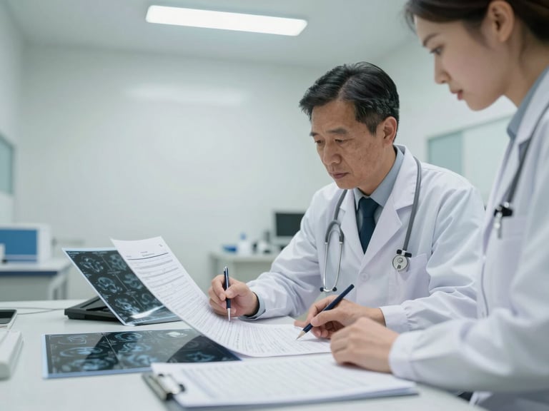 Medium shot of two physicians in clinical attire reviewing printed lab reports and imaging scans spread across a consultation table, overhead fluorescent lighting, sterile white room, focus on hands and documents