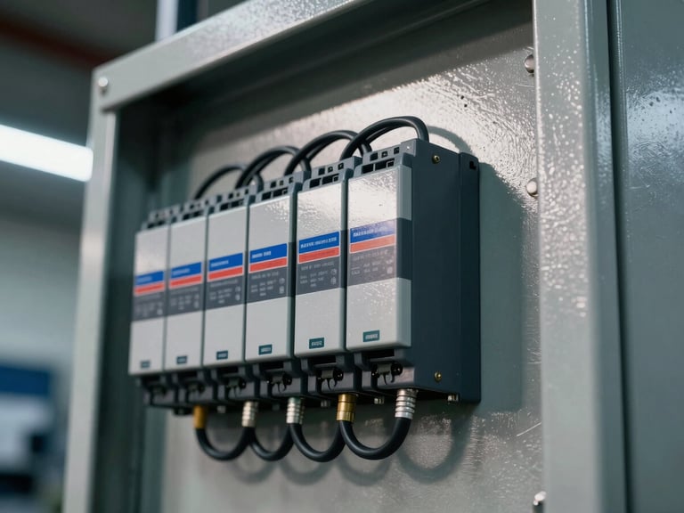 Close-up of a heavy-duty industrial PLC control panel with clean wiring harnesses, high-contrast workshop lighting, metallic steel reflections, sharp focus.