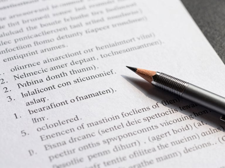 Extreme close-up of a legal document page with a numbered clause visible, a mechanical pencil resting on the margin, studio work light casting sharp shadow, no identifiable text readable, no people