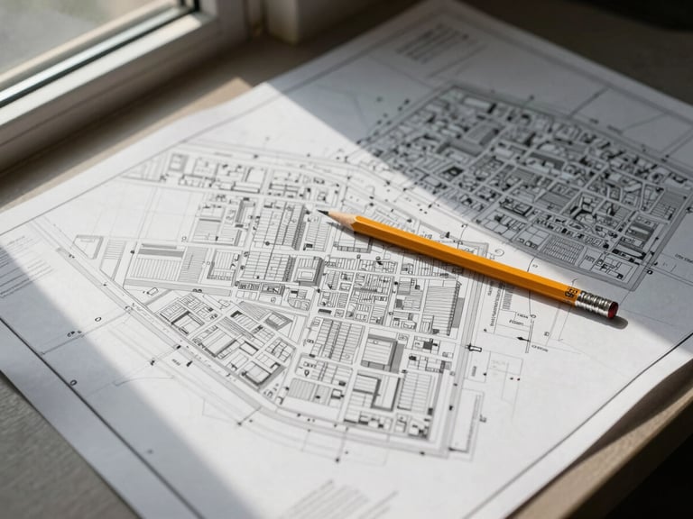 Overhead flat-lay of a site plan and urban cadastral map spread on a desk, a pencil resting diagonally across the sheets, natural window light from one side, no people, no screens visible