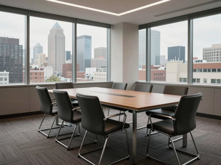 Empty boardroom interior with a long table and chairs, natural light entering through floor-to-ceiling windows showing an urban skyline, no people, no branding visible, warm grey tones