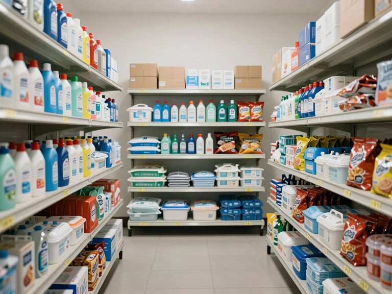 Wide straight-on shot of organized supply shelves in a bright neutral-lit stockroom, neatly labeled boxes of cleaning products, hygiene kits and snack packages arranged in rows, clean white walls, no people