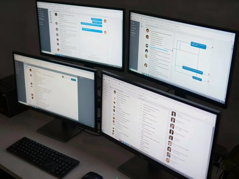 Wide-angle overhead view of a multi-monitor desk setup, screens showing a chatbot admin dashboard with conversation logs and intent-routing diagrams, cool studio lighting, keyboards and trackpad visible at frame edge