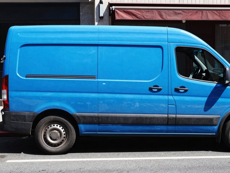 bright documentary photography of a vibrant electric blue van parked on a sunny city street, high contrast, 35mm lens