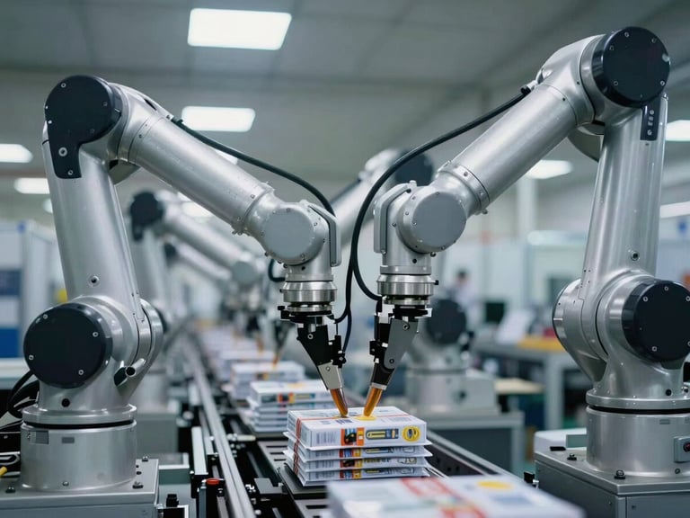 Close-up, high-speed shot of gleaming stainless steel robotic arms precisely handling product packaging on an industrial assembly line, cool bright lighting, sharp focus, 35mm