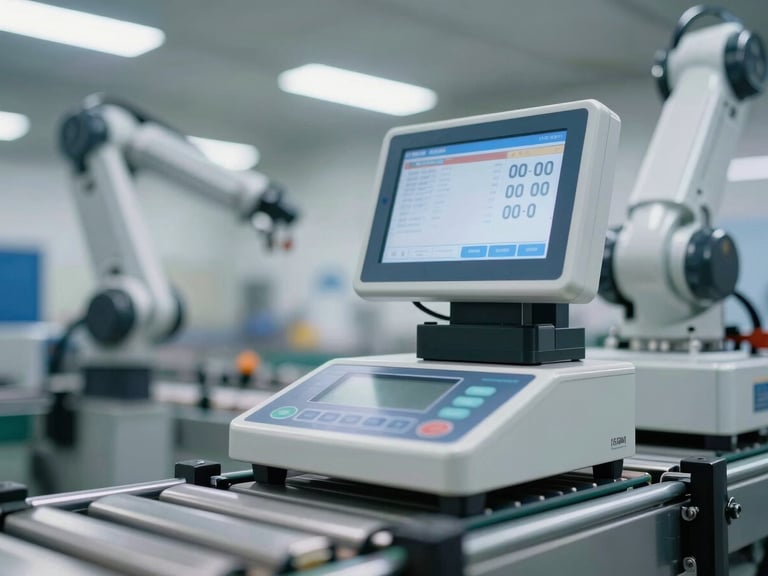 Macro close-up of a product moving on a conveyor belt onto a digital check-weighing scale, displaying exact weight, under bright industrial lights, crisp focus, 35mm