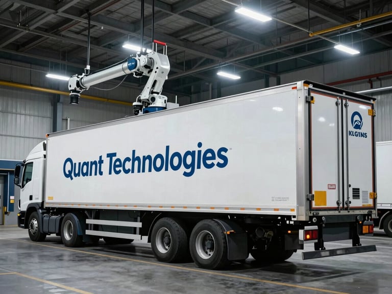 Wide environmental shot of a large, modern Quant Technologies branded semi-trailer truck parked at a loading dock, under cool, bright industrial lighting, sharp shadows, 35mm