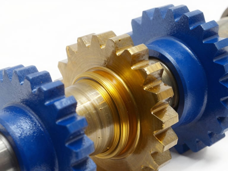 Polished industrial gears in motion, thin film of golden lubricant visible, high-key white studio background, glossy reflections, macro detail