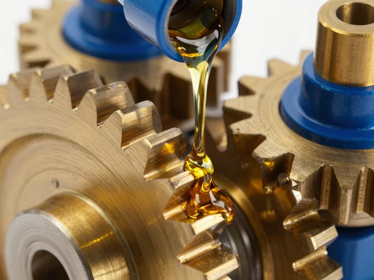 Macro photography of golden industrial oil flowing over polished steel gears, crisp studio lighting, glossy reflections, 35mm